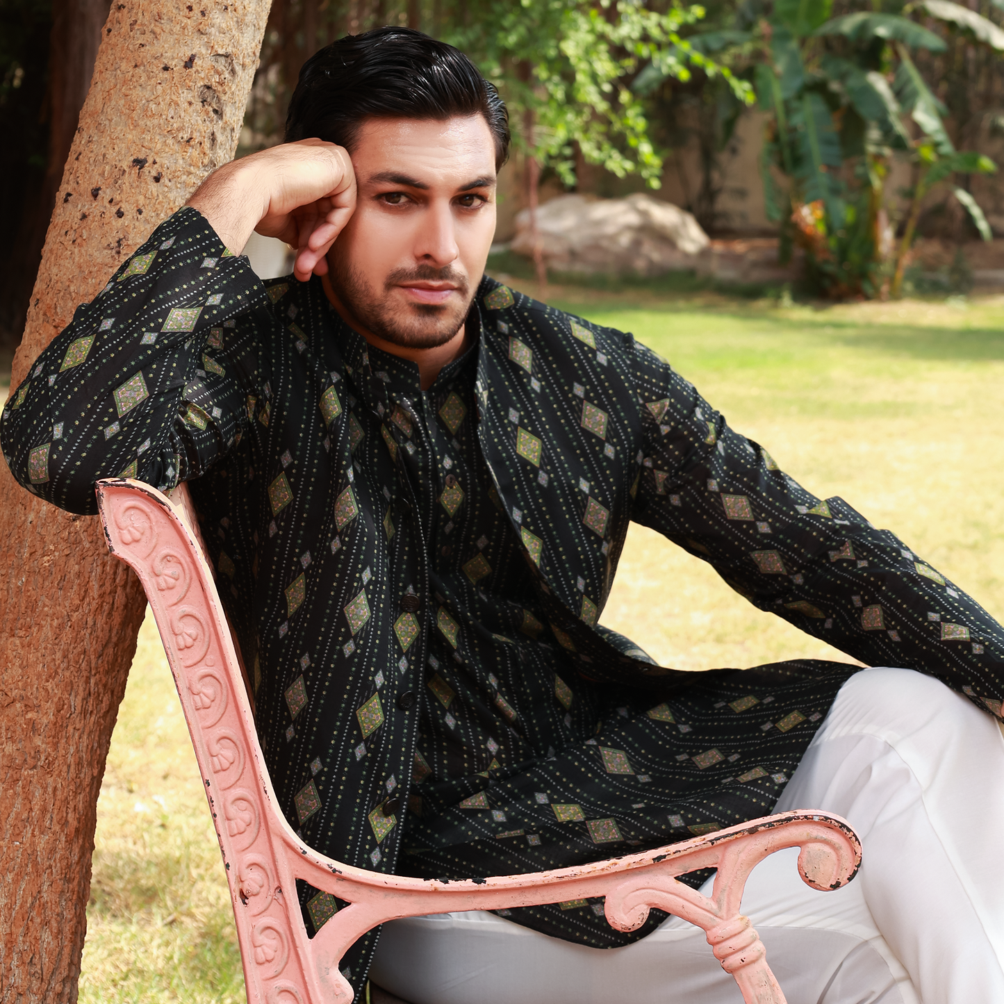 Men's Black Pure Cotton Linen Kurta Set with Waistcoat & Wide Leg Trouser