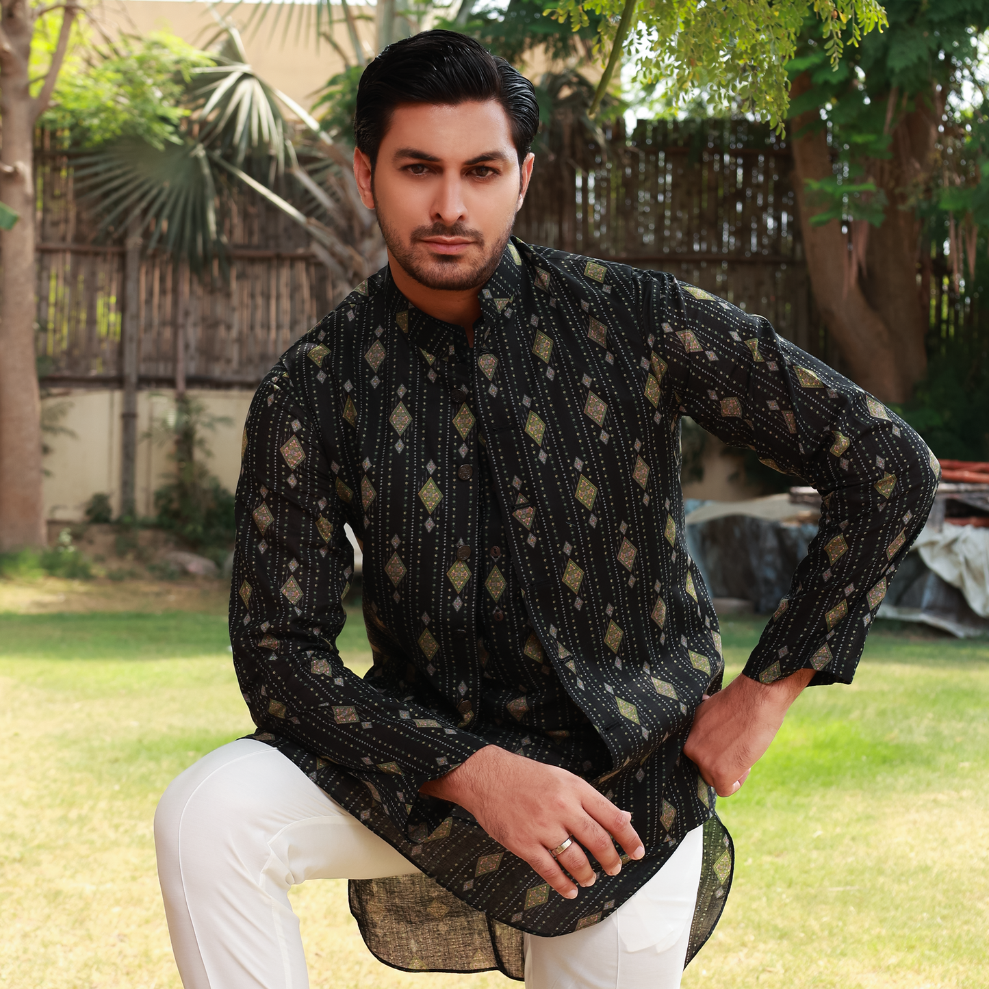 Men's Black Pure Cotton Linen Kurta Set with Waistcoat & Wide Leg Trouser