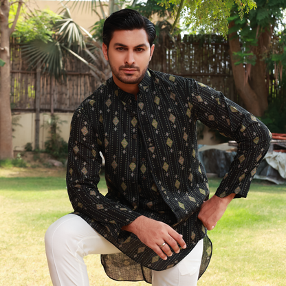 Men's Black Pure Cotton Linen Kurta Set with Waistcoat & Wide Leg Trouser