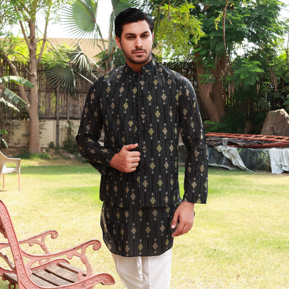 Men's Black Pure Cotton Linen Kurta Set with Waistcoat & Wide Leg Trouser