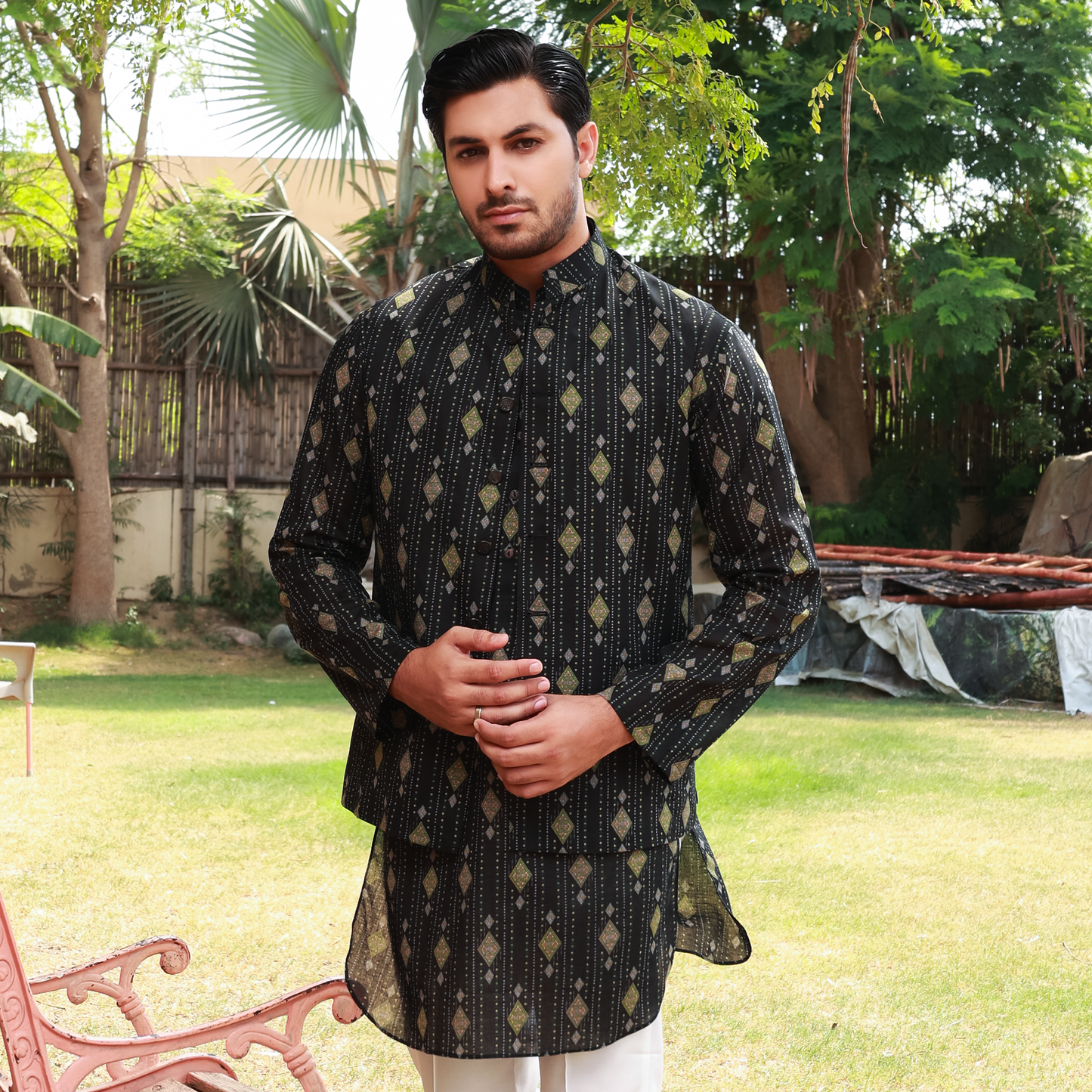 Men's Black Pure Cotton Linen Kurta Set with Waistcoat & Wide Leg Trouser
