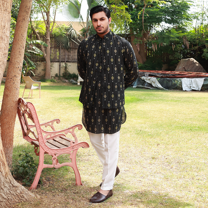 Men's Black Pure Cotton Linen Kurta Set with Waistcoat & Wide Leg Trouser