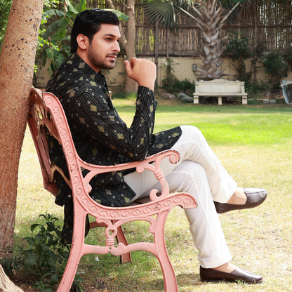 Men's Black Pure Cotton Linen Kurta Set with Waistcoat & Wide Leg Trouser