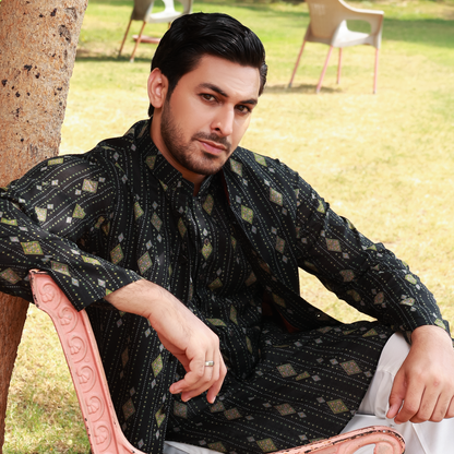 Men's Black Pure Cotton Linen Kurta Set with Waistcoat & Wide Leg Trouser