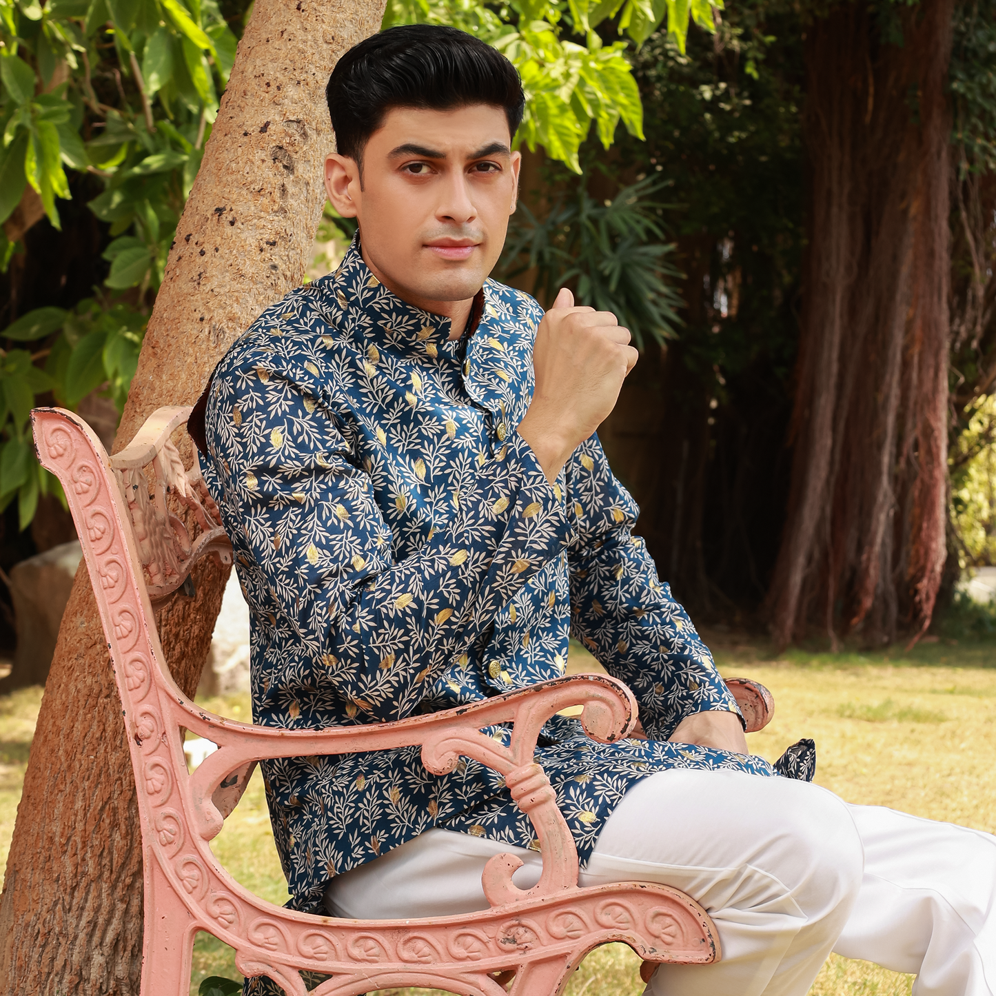 Men's Blue Pure Cotton Linen Kurta Set with Waistcoat & Wide Leg Trouser