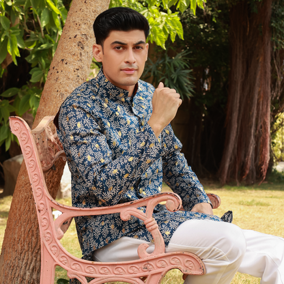 Men's Blue Pure Cotton Linen Kurta Set with Waistcoat & Wide Leg Trouser