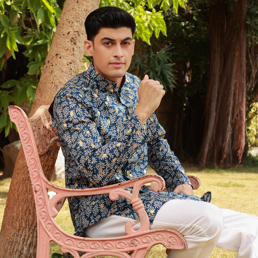 Men's Blue Pure Cotton Linen Kurta Set with Waistcoat & Wide Leg Trouser