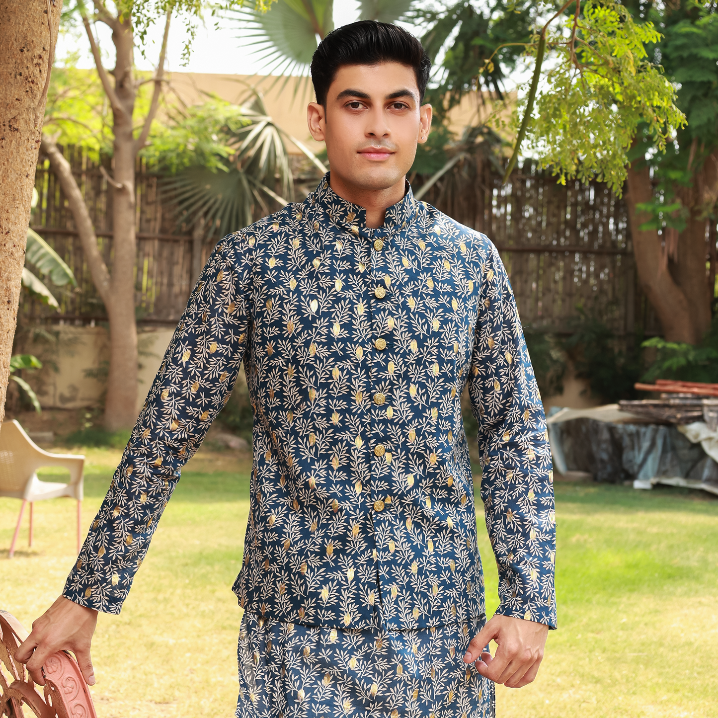 Men's Blue Pure Cotton Linen Kurta Set with Waistcoat & Wide Leg Trouser