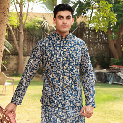 Men's Blue Pure Cotton Linen Kurta Set with Waistcoat & Wide Leg Trouser