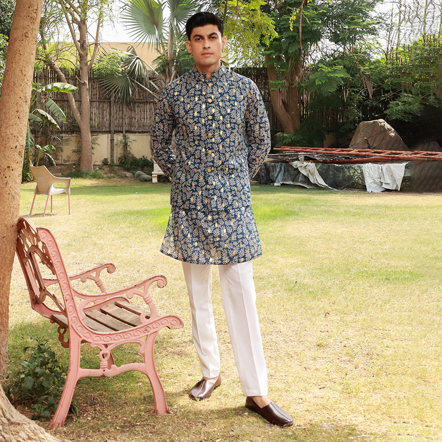 Men's Blue Pure Cotton Linen Kurta Set with Waistcoat & Wide Leg Trouser