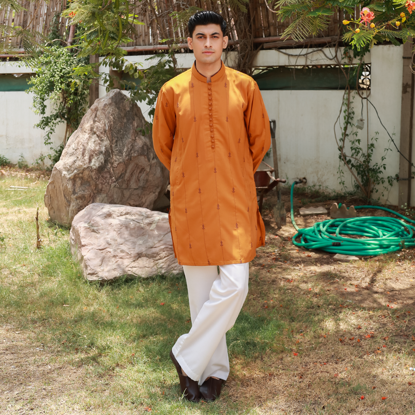 Men's Golden Oak Poly Viscose Embroidered Kurta