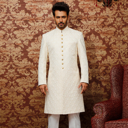 Men's Ivory Premium Satin Embroidered Sherwani