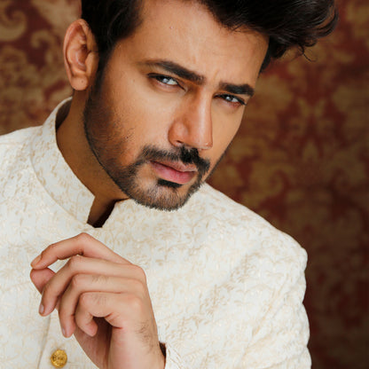 Men's Ivory Premium Satin Embroidered Sherwani