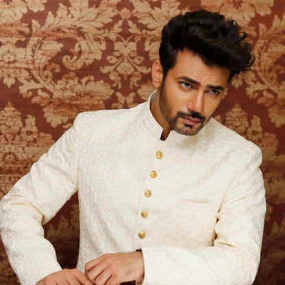 Men's Ivory Premium Satin Embroidered Sherwani