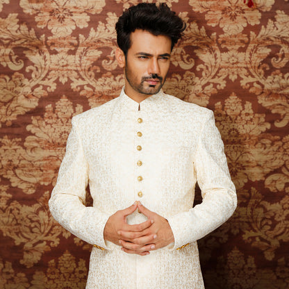 Men's Ivory Premium Satin Embroidered Sherwani