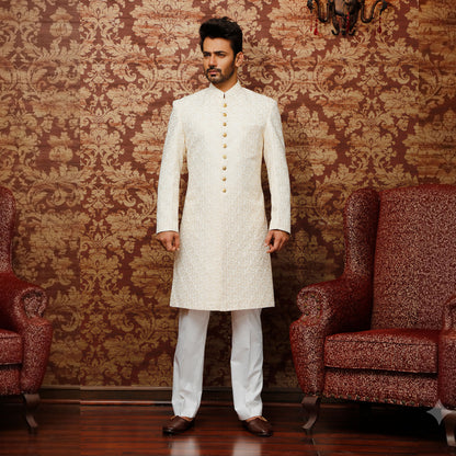 Men's Ivory Premium Satin Embroidered Sherwani