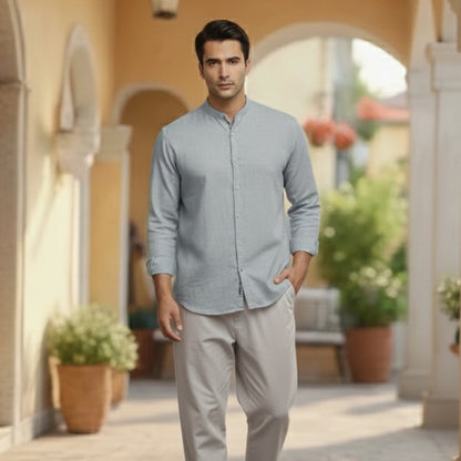 Men's Light Blue Linen Plain Shirt