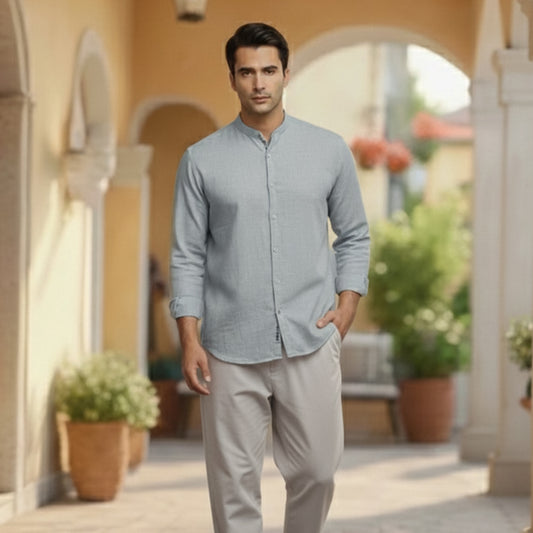 Men's Light Blue Linen Plain Shirt