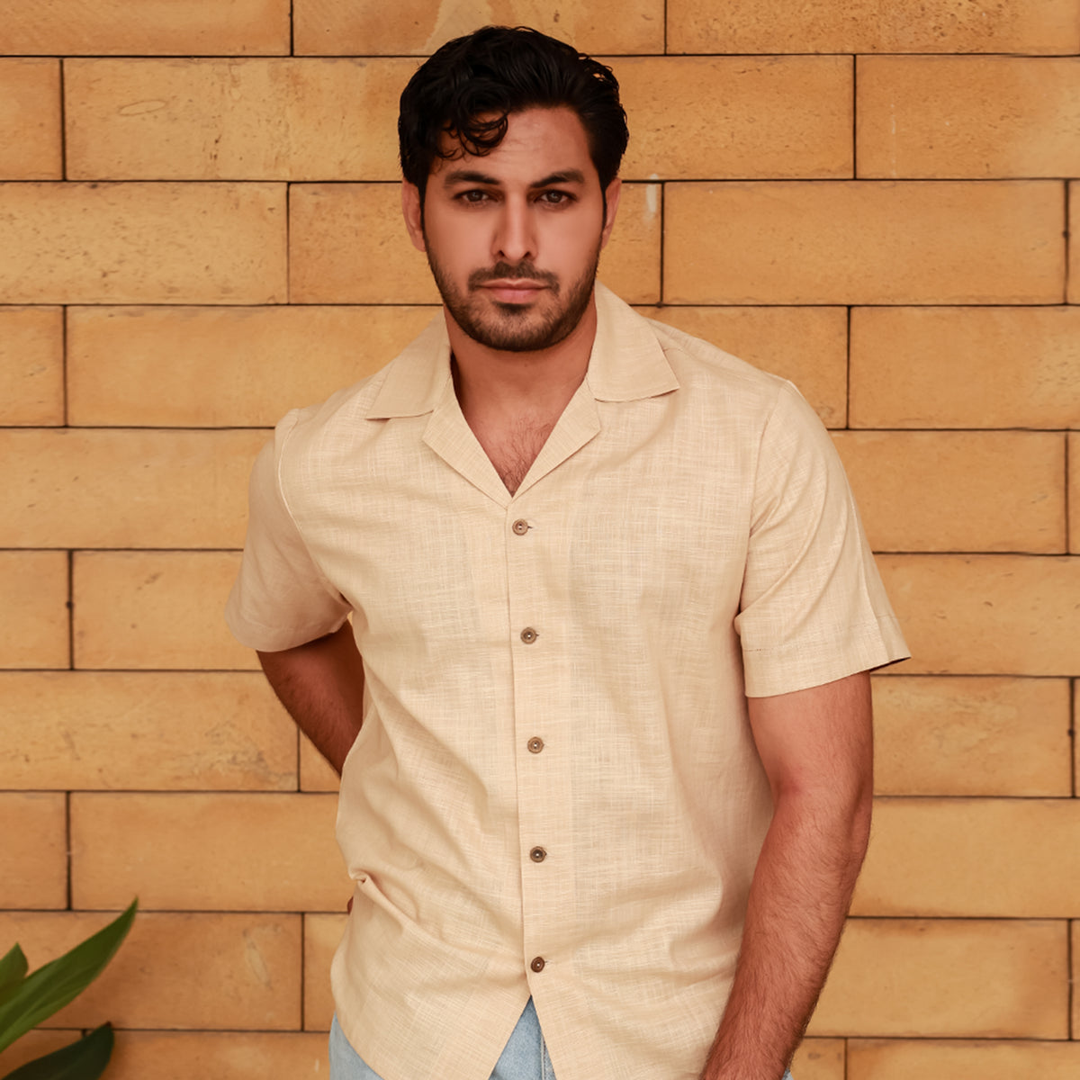 Men's Linen Khaki Cuban Collar Shirt