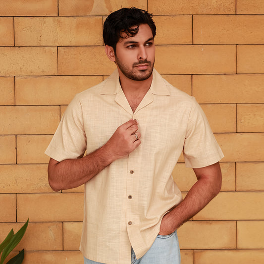 Men's Linen Khaki Cuban Collar Shirt