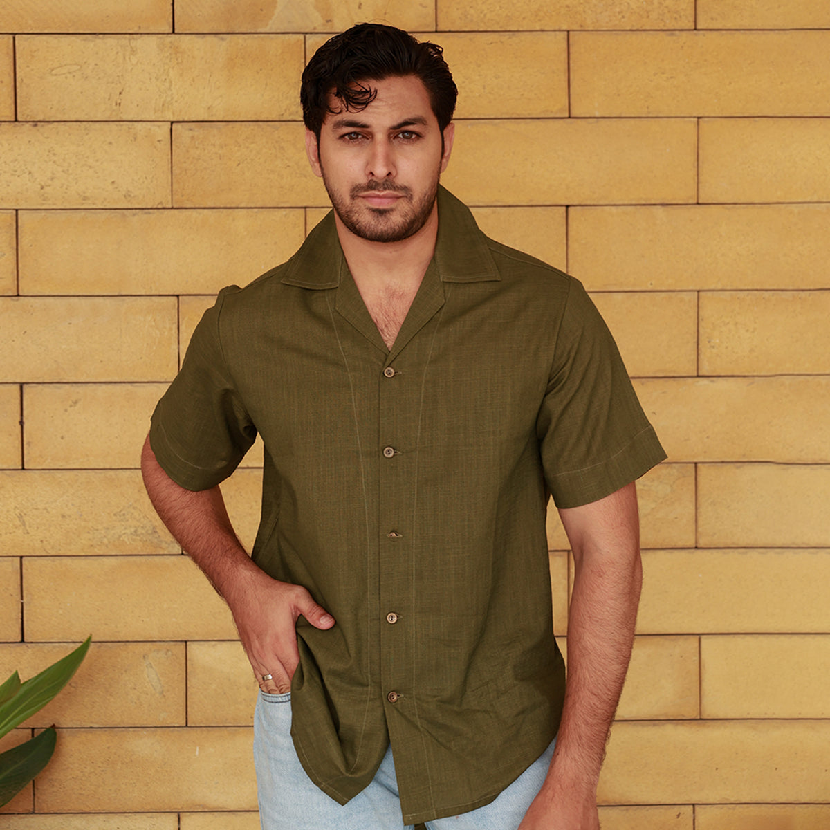 Men's Linen Olive Cuban Collar Shirt
