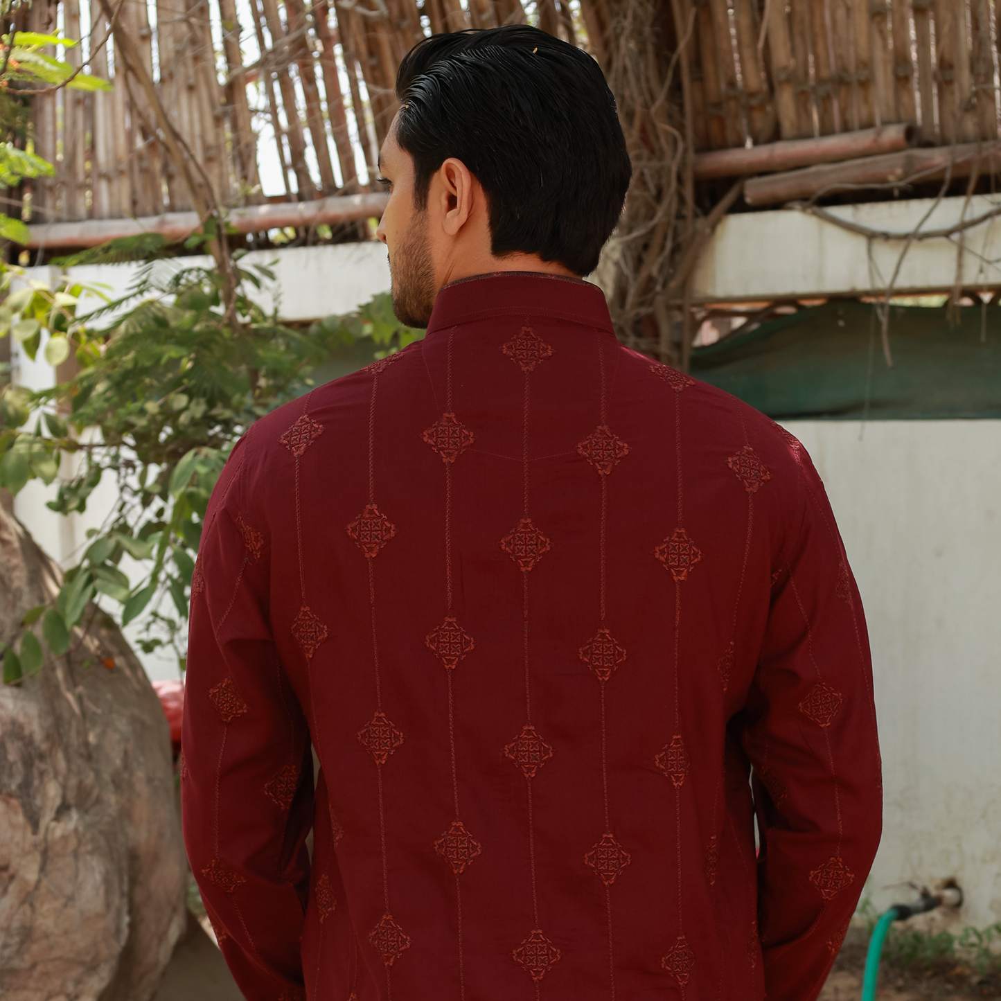 Men's Maroon Poly Viscose Embroidered Kurta