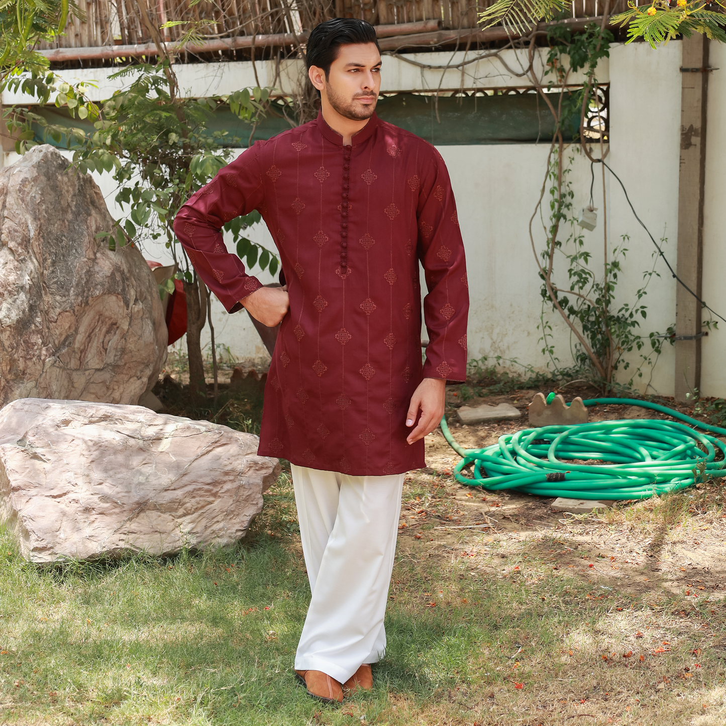 Men's Maroon Poly Viscose Embroidered Kurta