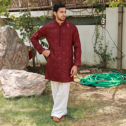 Men's Maroon Poly Viscose Embroidered Kurta