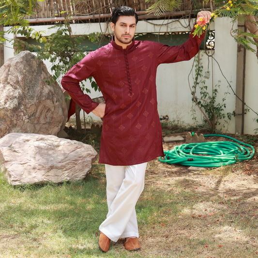 Men's Maroon Poly Viscose Embroidered Kurta