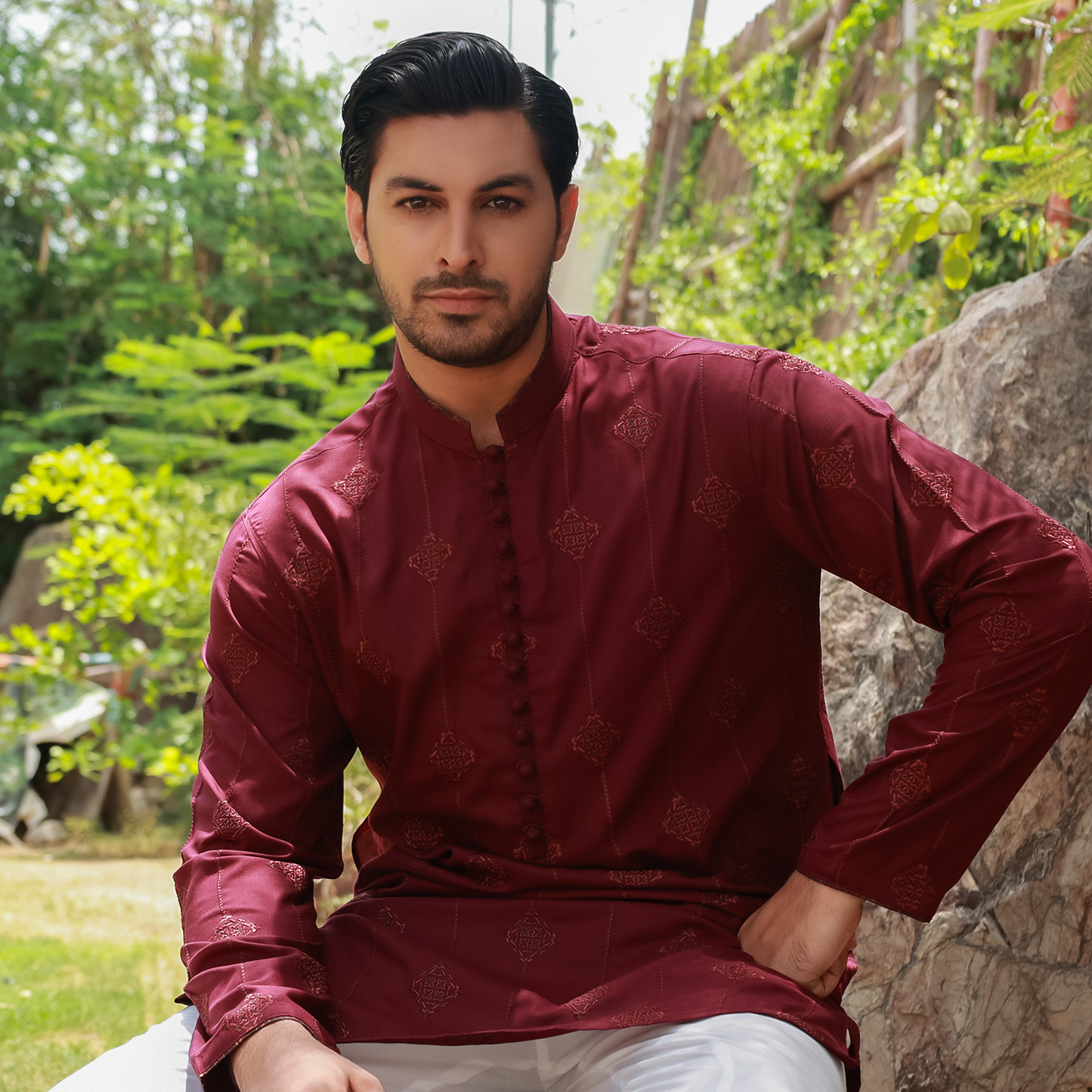 Men's Maroon Poly Viscose Embroidered Kurta