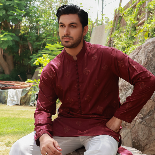 Men's Maroon Poly Viscose Embroidered Kurta