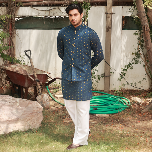Men's Midnight Teal Pure Cotton Linen Kurta Set with Waistcoat & Wide Leg Trouser