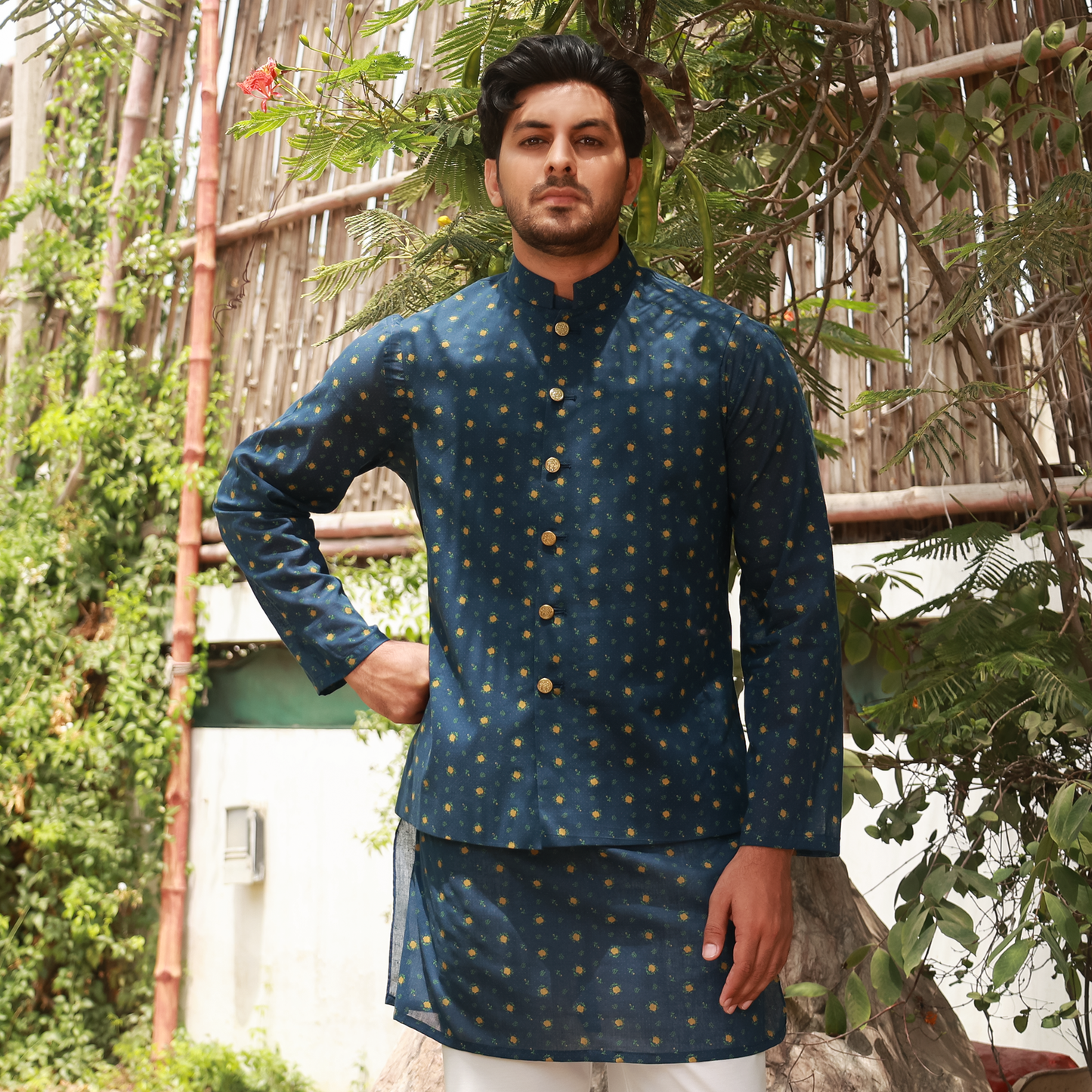 Men's Midnight Teal Pure Cotton Linen Kurta Set with Waistcoat & Wide Leg Trouser