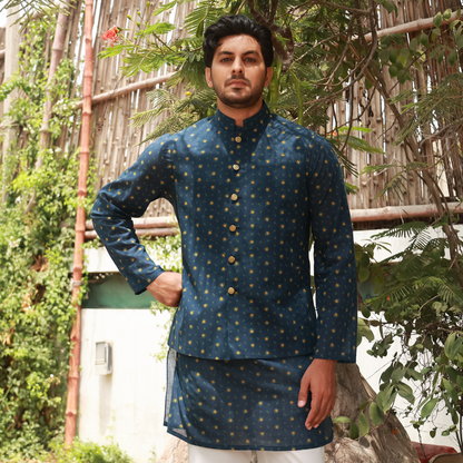 Men's Midnight Teal Pure Cotton Linen Kurta Set with Waistcoat & Wide Leg Trouser