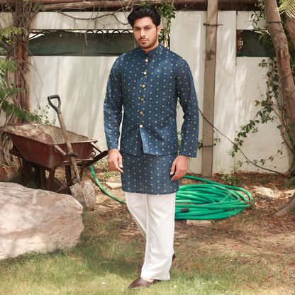 Men's Midnight Teal Pure Cotton Linen Kurta Set with Waistcoat & Wide Leg Trouser