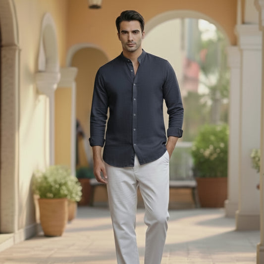 Men's Navy Blue Linen Plain Shirt
