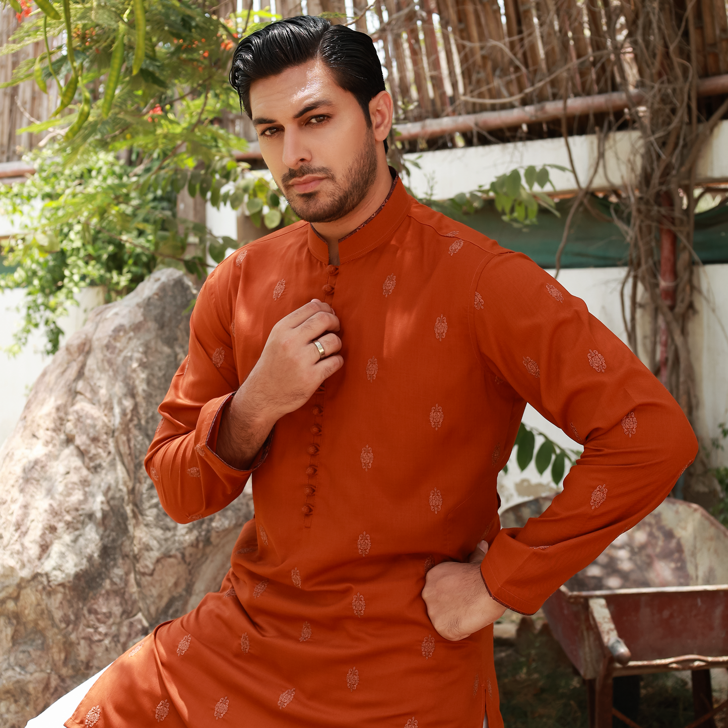 Men's Rust Poly Viscose Embroidered Kurta