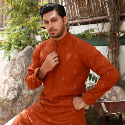 Men's Rust Poly Viscose Embroidered Kurta
