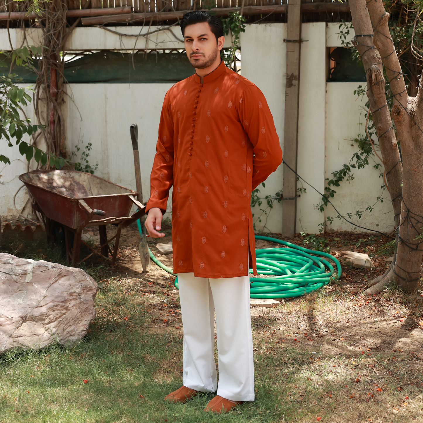 Men's Rust Poly Viscose Embroidered Kurta
