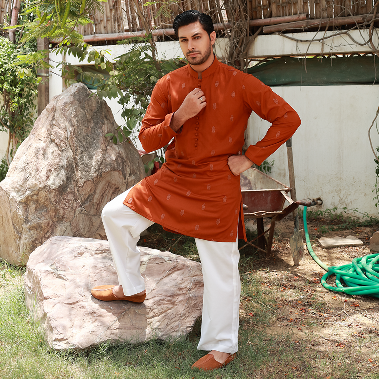 Men's Rust Poly Viscose Embroidered Kurta