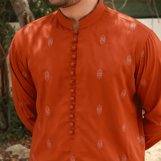 Men's Rust Poly Viscose Embroidered Kurta