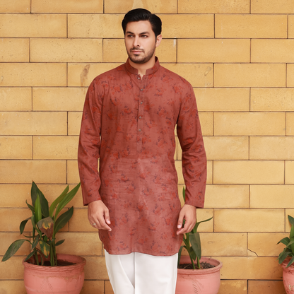 Men's Rust Pure Cotton Linen Kurta Set with Wide Leg Trouser