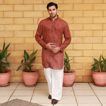 Men's Rust Pure Cotton Linen Kurta Set with Wide Leg Trouser