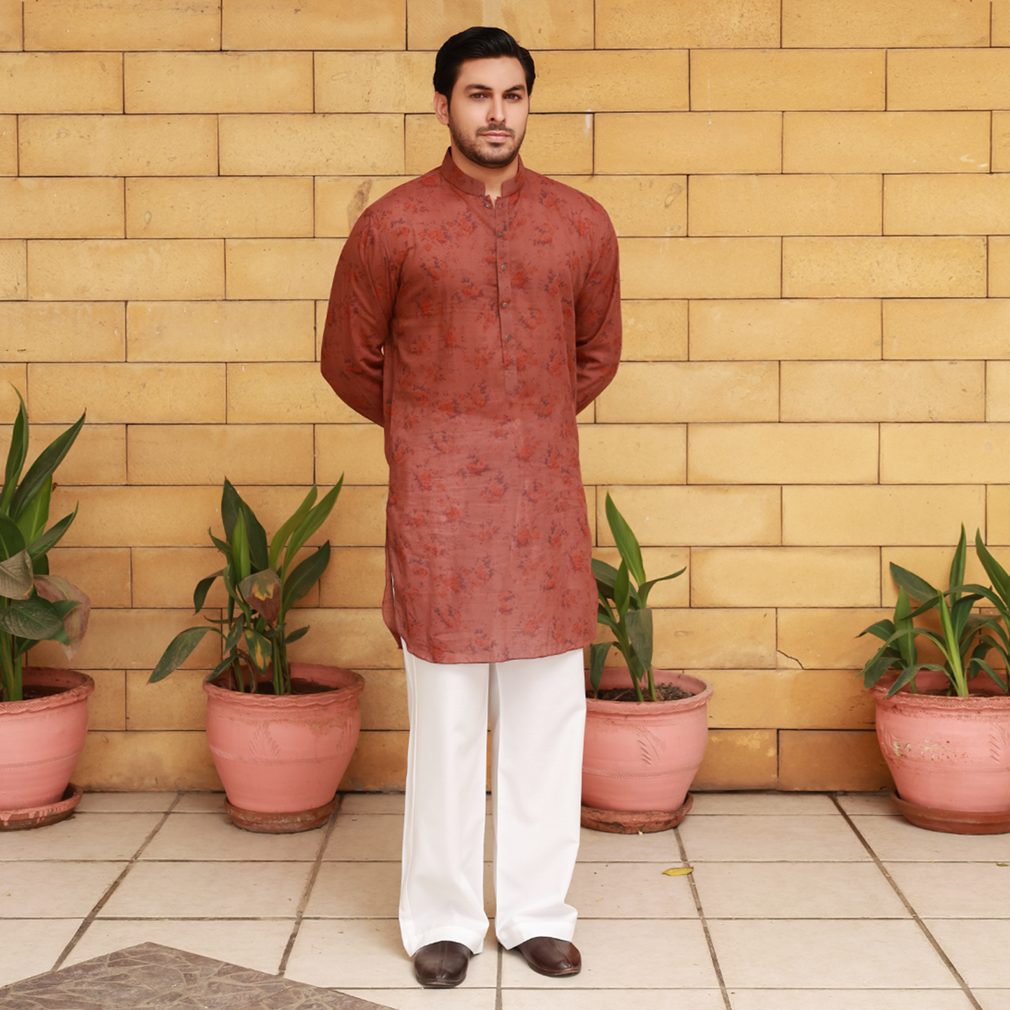 Men's Rust Pure Cotton Linen Kurta Set with Wide Leg Trouser