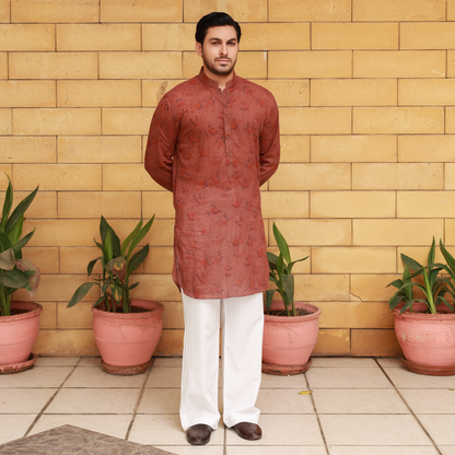 Men's Rust Pure Cotton Linen Kurta Set with Wide Leg Trouser