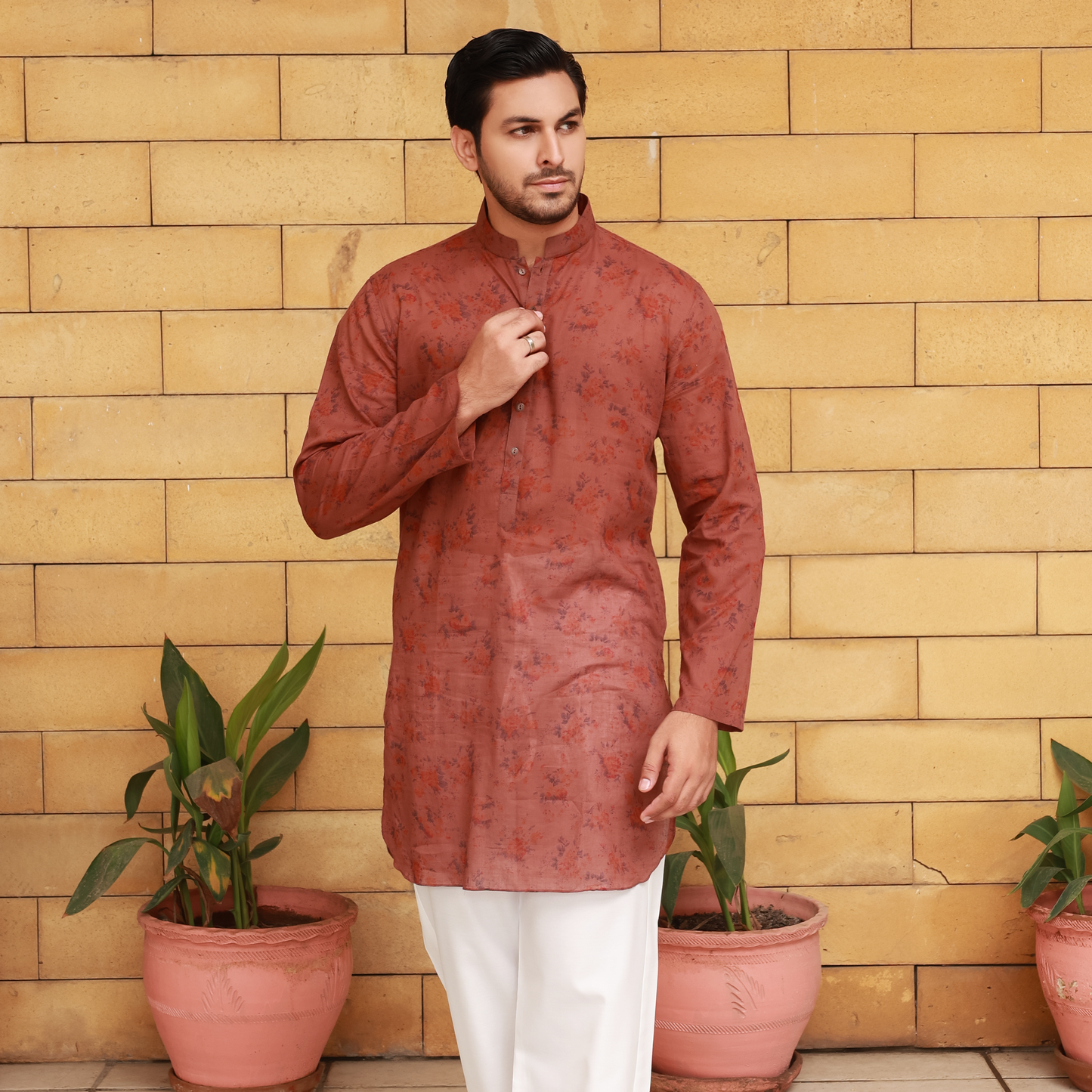 Men's Rust Pure Cotton Linen Kurta Set with Wide Leg Trouser