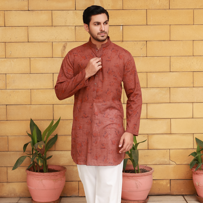 Men's Rust Pure Cotton Linen Kurta Set with Wide Leg Trouser