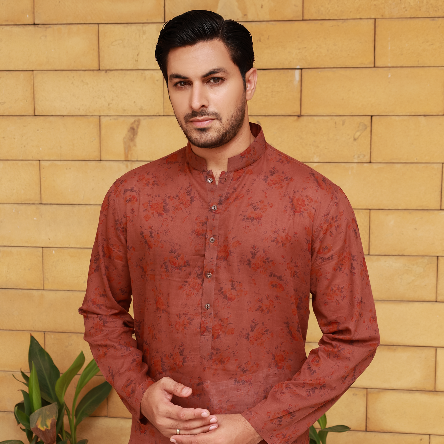 Men's Rust Pure Cotton Linen Kurta Set with Wide Leg Trouser