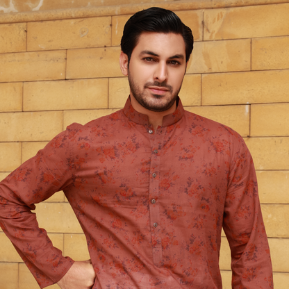 Men's Rust Pure Cotton Linen Kurta Set with Wide Leg Trouser