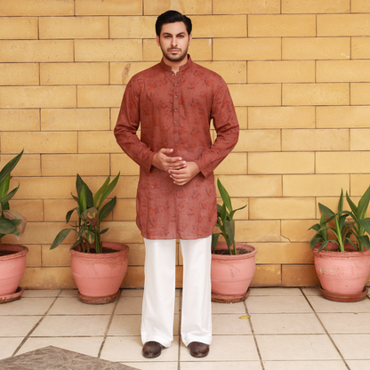 Men's Rust Pure Cotton Linen Kurta Set with Wide Leg Trouser